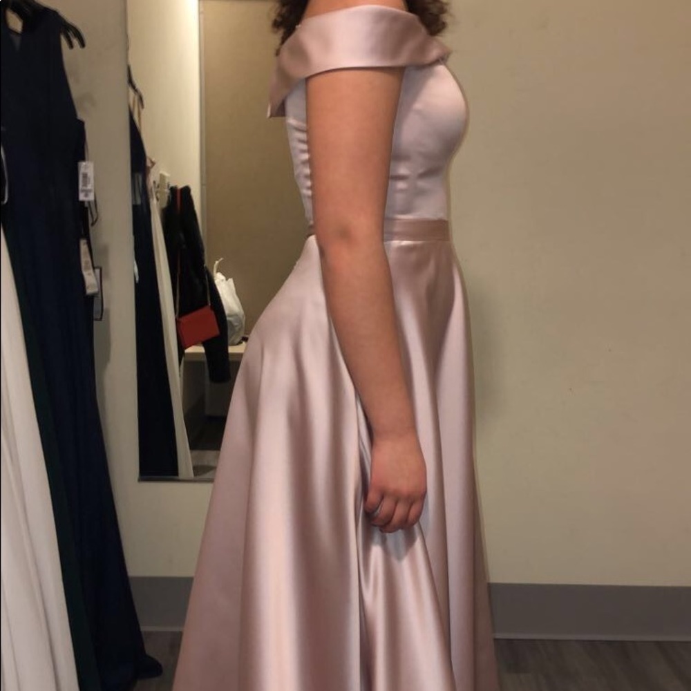 XSCAPE off the shoulder satin gown